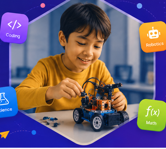 Student with robot in AI lab